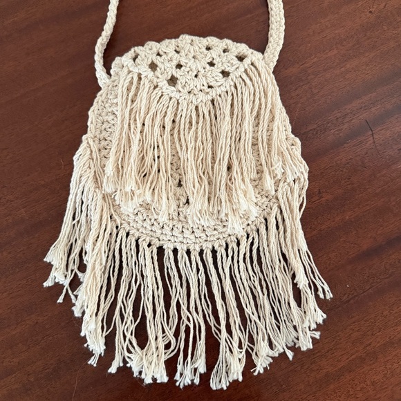 Macrame Round Crossbody Bag with Fringe - Cream - Picture 2 of 8